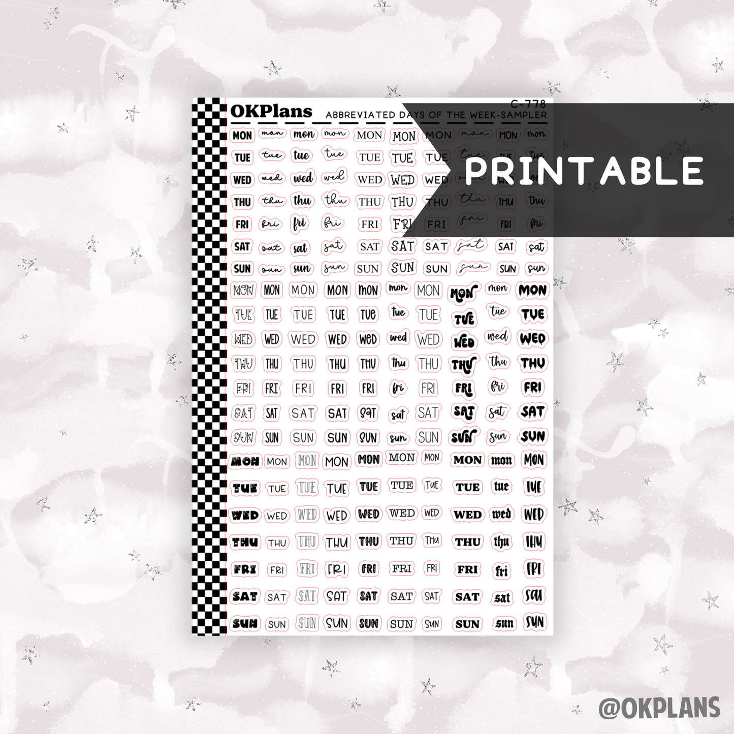 Abbreviated Days of the Week Sampler // Font 1-30 // Printable // C-778 // Functional