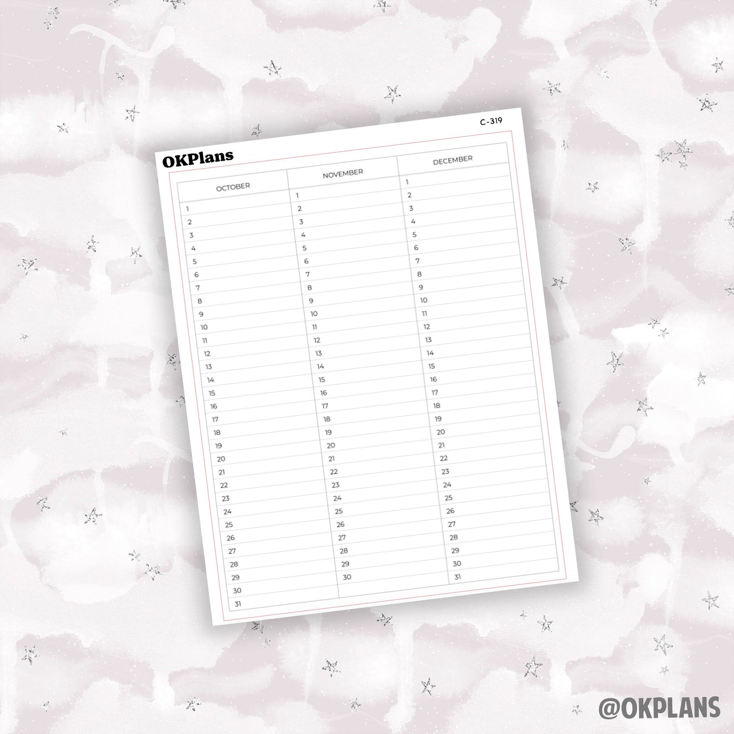 7x9 Perpetual Calendar Sticker // Printable // C-316, C-317, C-318, C-319 // Functional