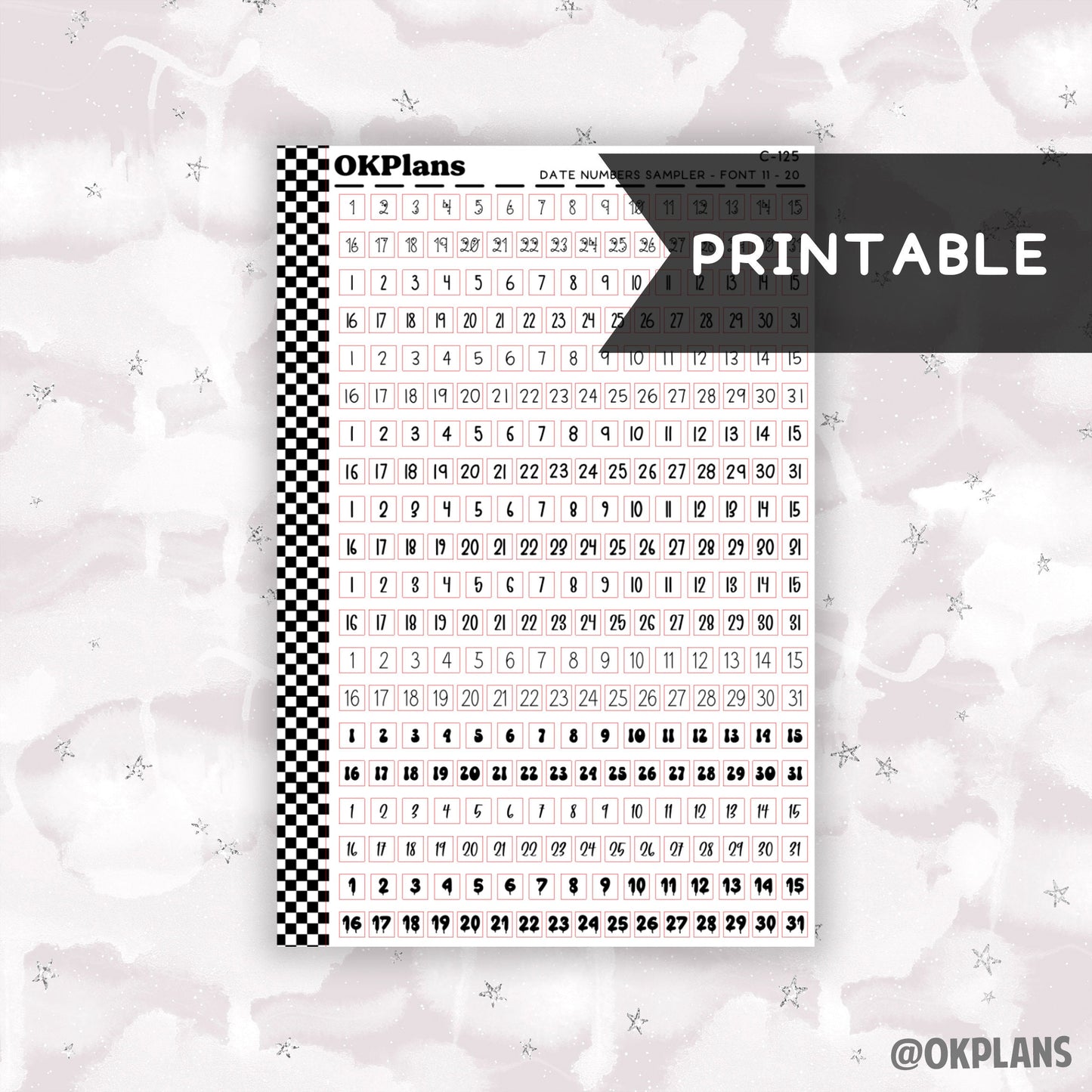 Date Numbers Sampler - Font 11-20 // Printable // C-125 // Functional