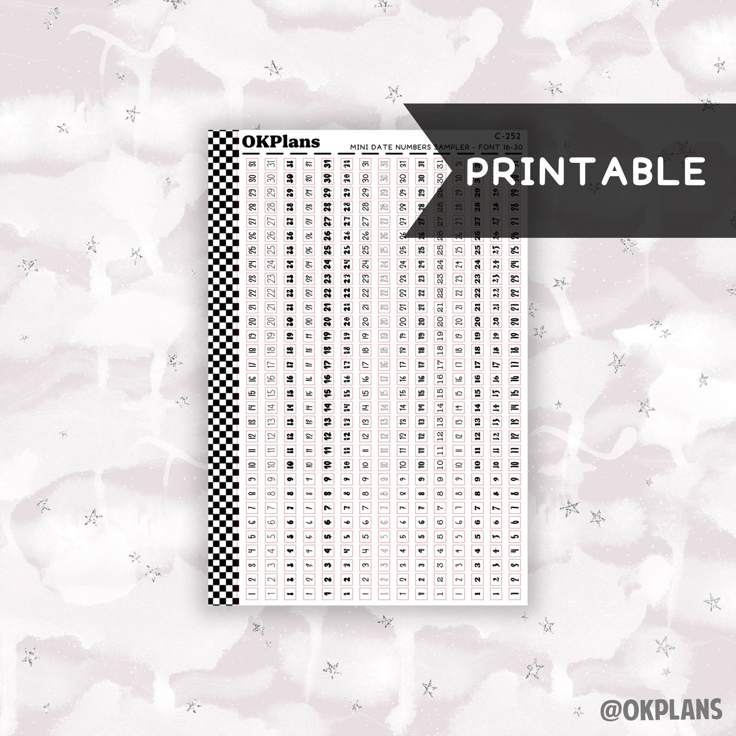 Mini Date Numbers Sampler - Font 16-30 // Printable // C-252 // Functional