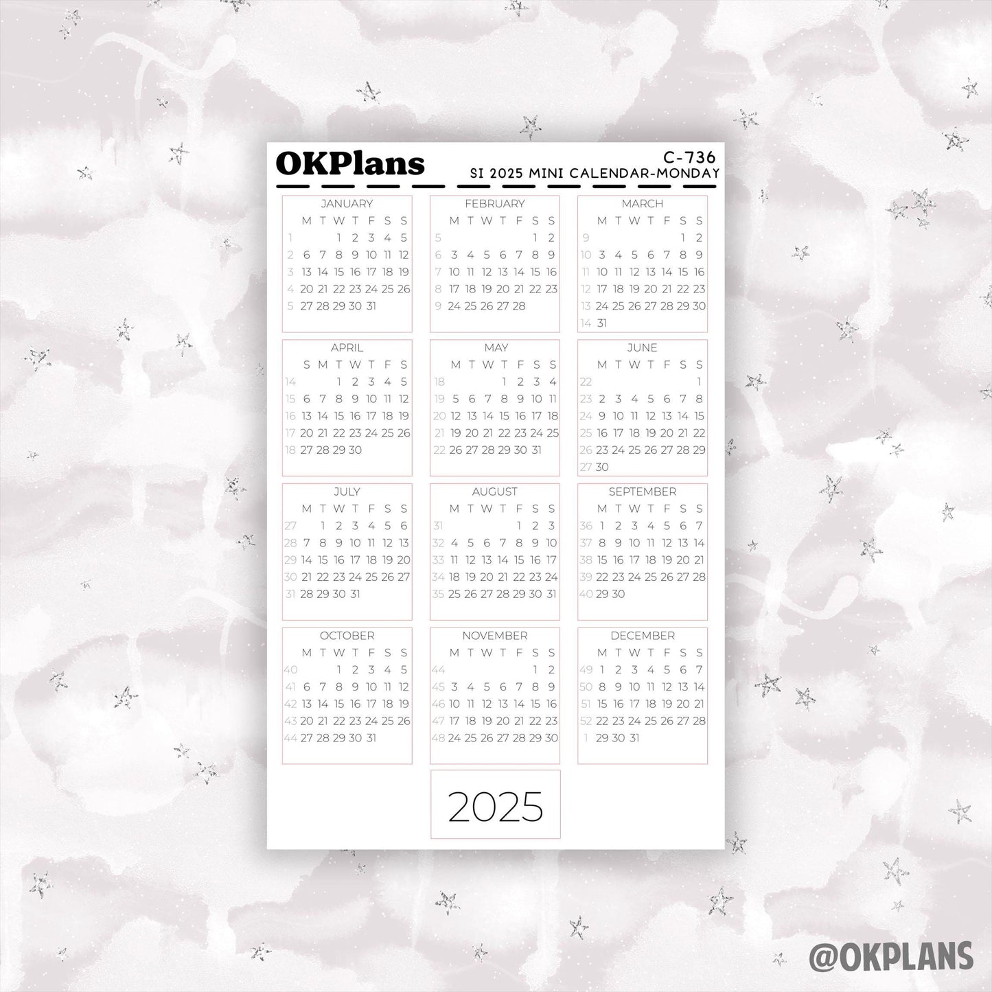 2025 Sterling Ink Mini Calendar - Monday Start // C-736 // Functional