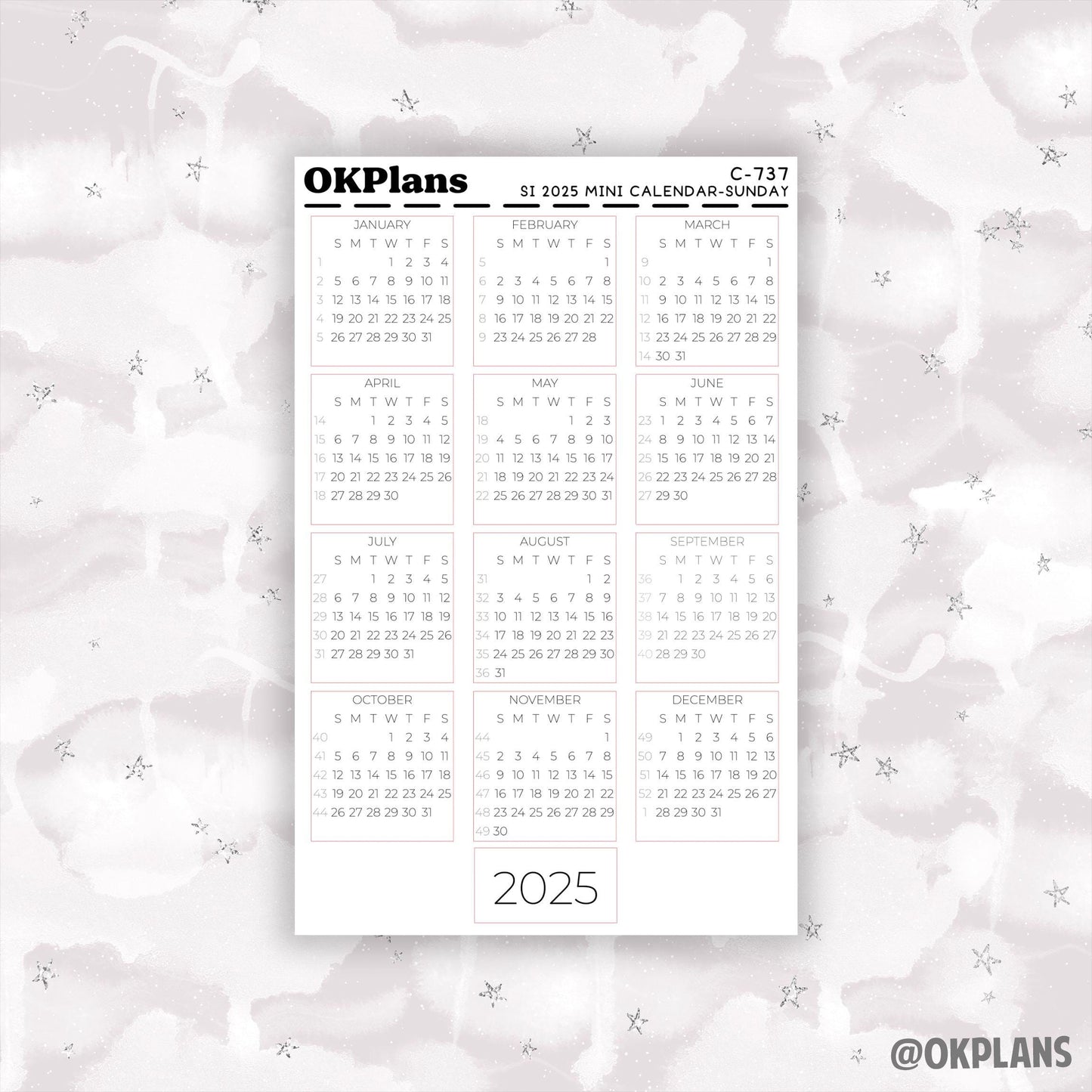 2025 Sterling Ink Mini Calendar - Sunday Start // C-737 // Functional
