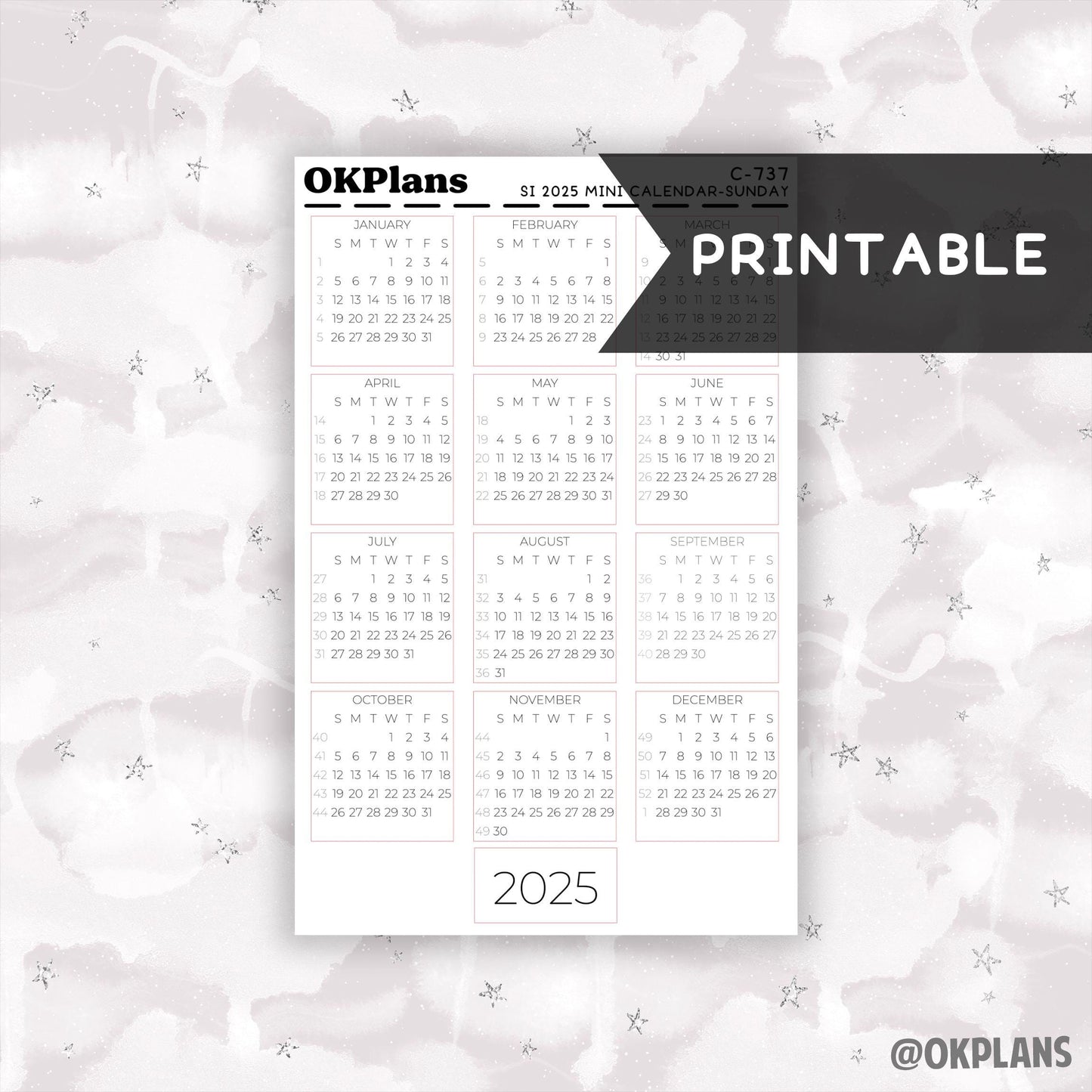 2025 Sterling Ink Mini Calendar - Sunday Start // Printable // C-737 // Functional