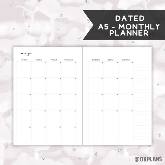 *DATED* A5 Monthly Coiled Planner - Pick Binding Option