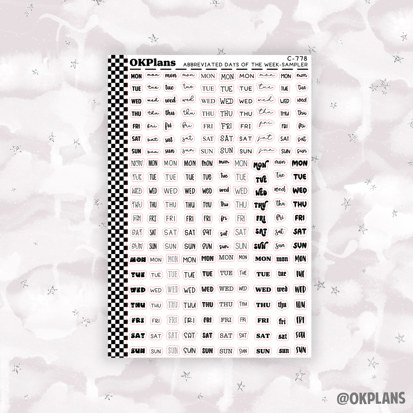 Abbreviated Days of the Week Sampler // Font 1-30 // Printable // C-778 // Functional