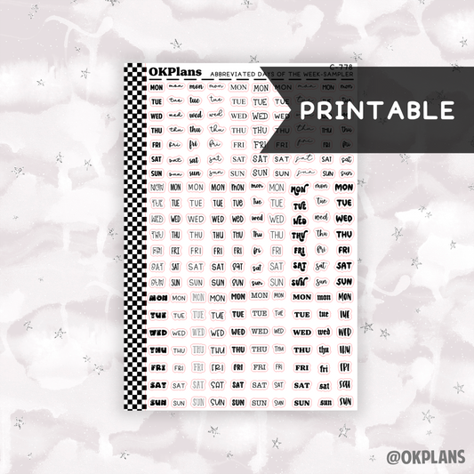 Abbreviated Days of the Week Sampler // Font 1-30 // Printable // C-778 // Functional