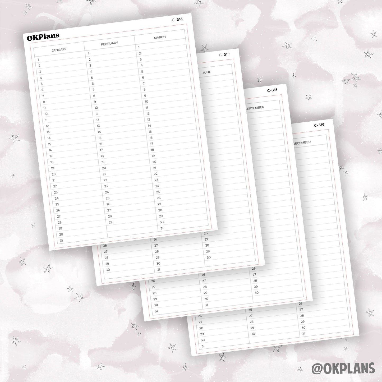 7x9 Quarterly Perpetual Calendar Sticker // C-316, C-317, C-318, C-319 // Functional