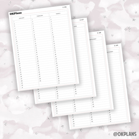 7x9 Quarterly Perpetual Calendar Sticker // C-316, C-317, C-318, C-319 // Functional