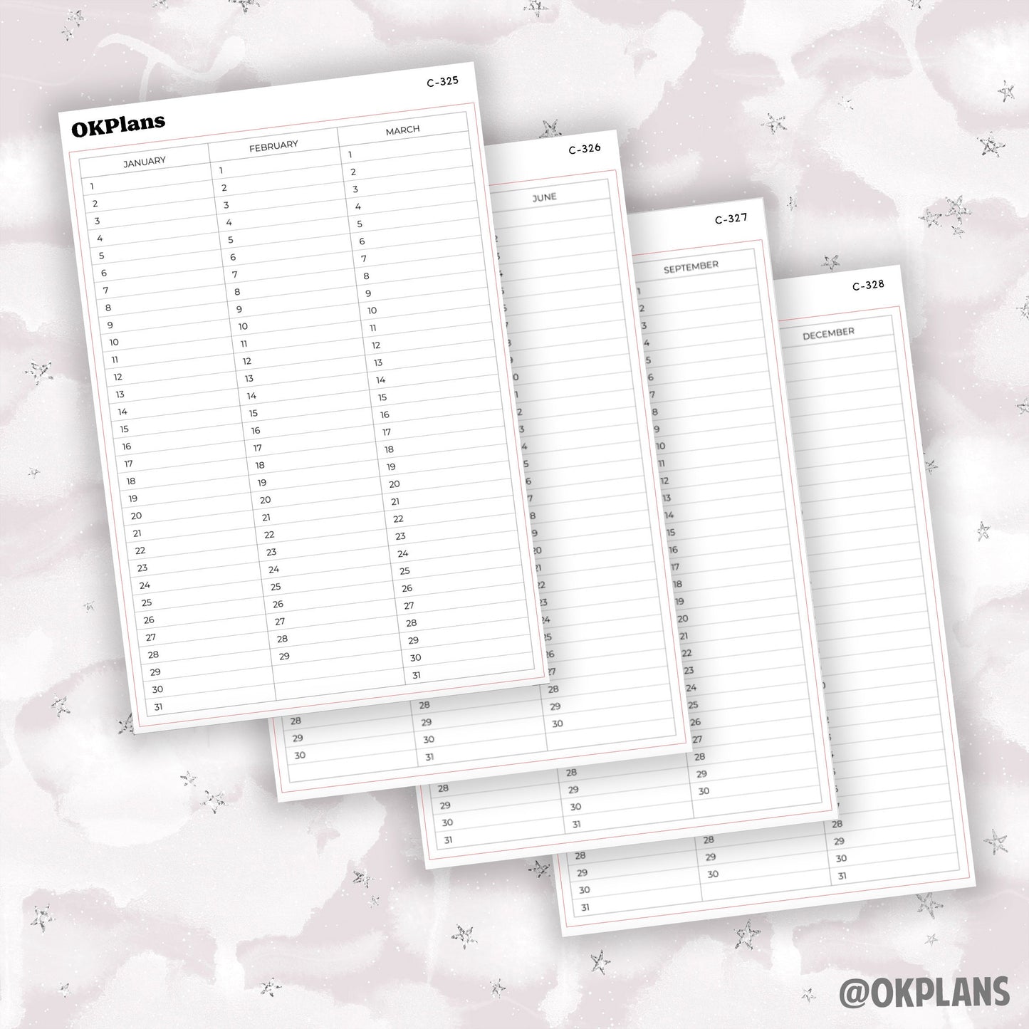 A5 Quarterly Perpetual Calendar Sticker // C-325, C-326, C-327, C-328 // Functional
