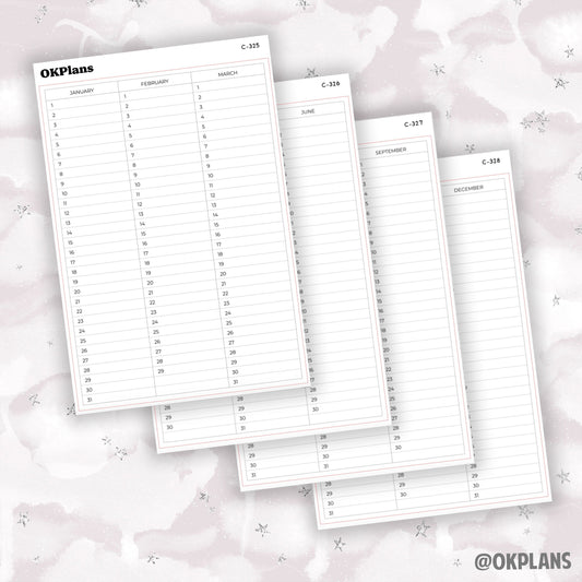 A5 Quarterly Perpetual Calendar Sticker // C-325, C-326, C-327, C-328 // Functional