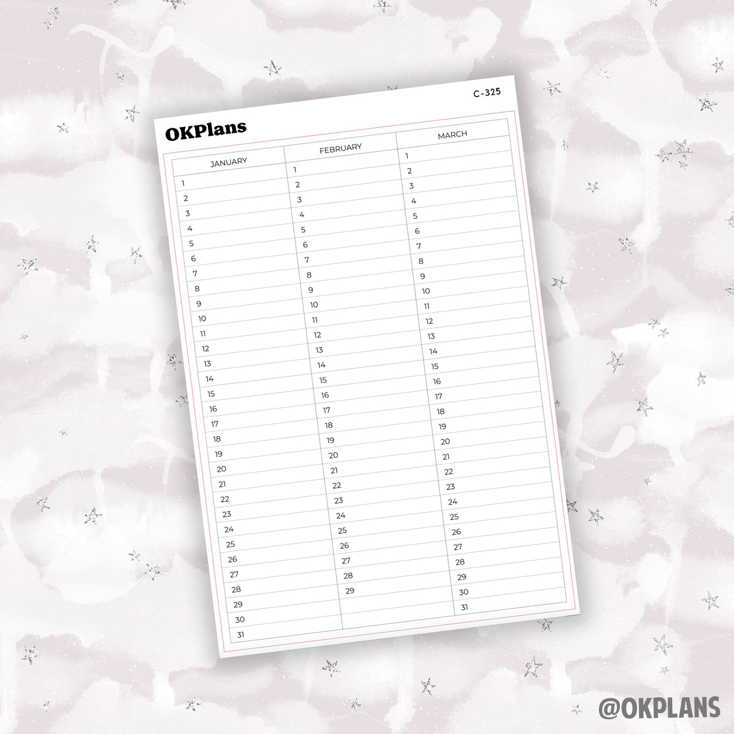 A5 Perpetual Calendar Sticker // Printable // C-325, C-326, C-327, C-328 // Functional