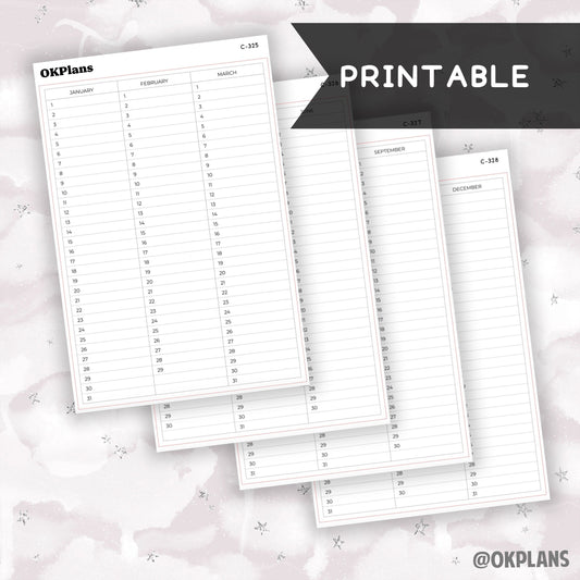 A5 Perpetual Calendar Sticker // Printable // C-325, C-326, C-327, C-328 // Functional