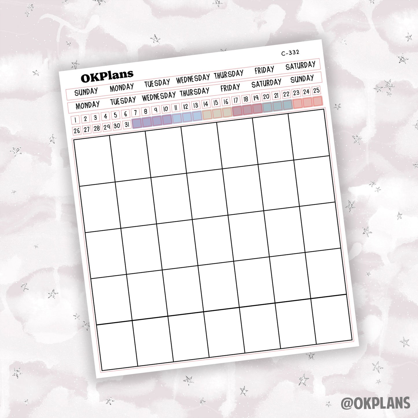 7x9 3/4 Page Box Perpetual Calendar Sticker // C-332 // Functional