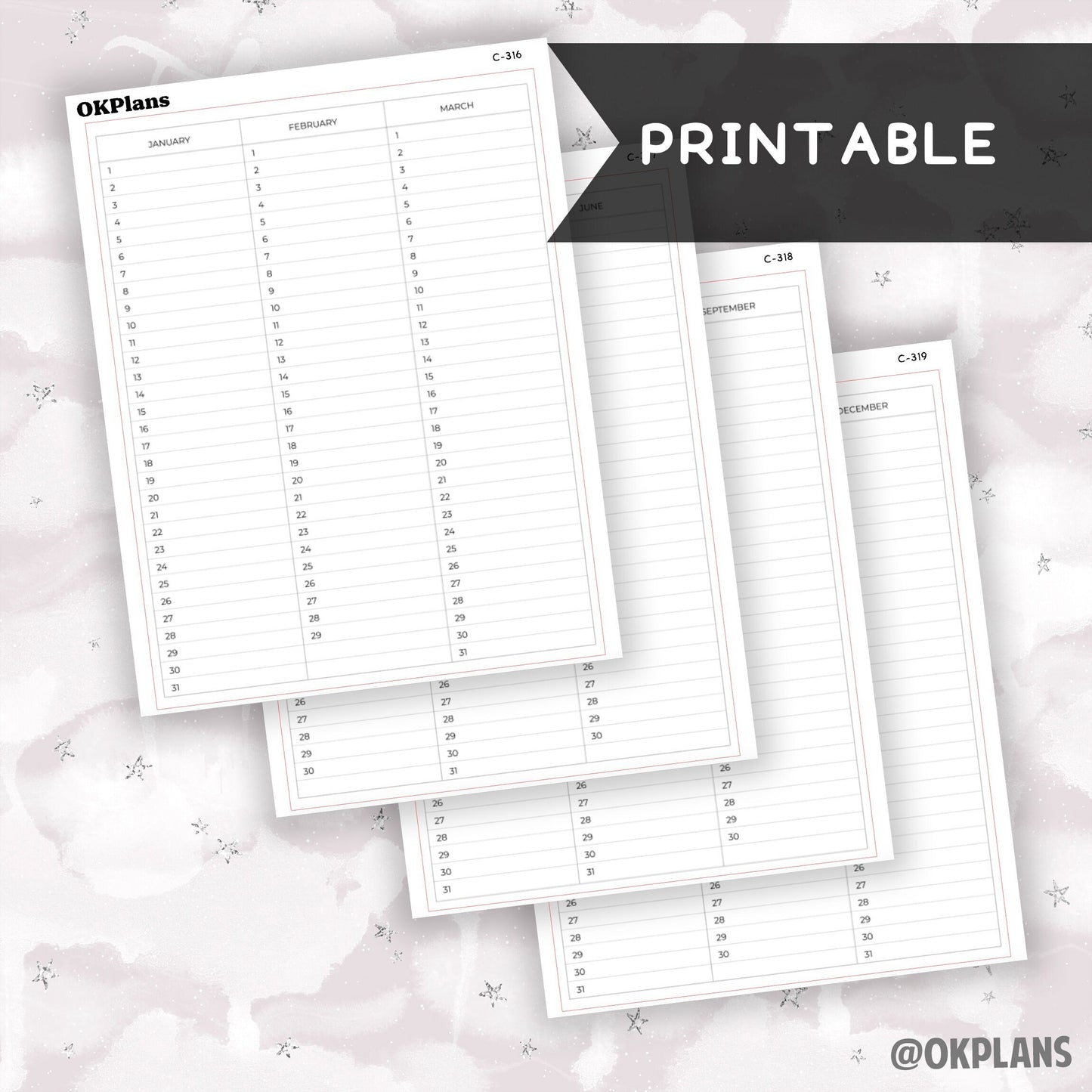 7x9 Perpetual Calendar Sticker // Printable // C-316, C-317, C-318, C-319 // Functional