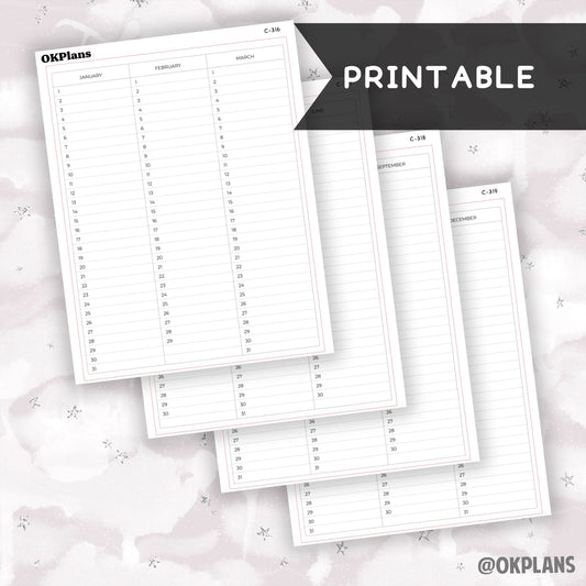 7x9 Perpetual Calendar Sticker // Printable // C-316, C-317, C-318, C-319 // Functional
