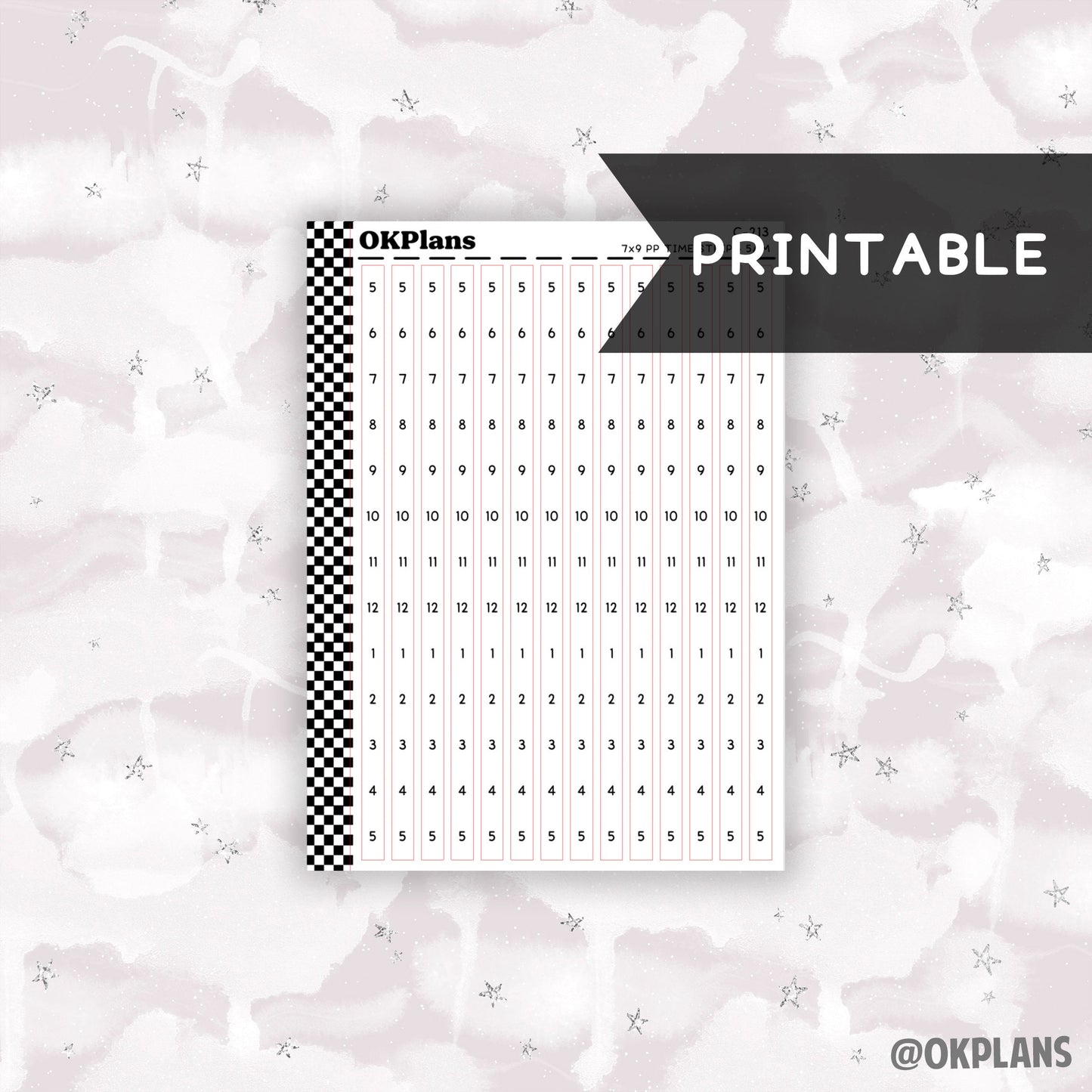 7x9 PP Hourly Time Strips - 5AM // Printable  // C-213 // Functional