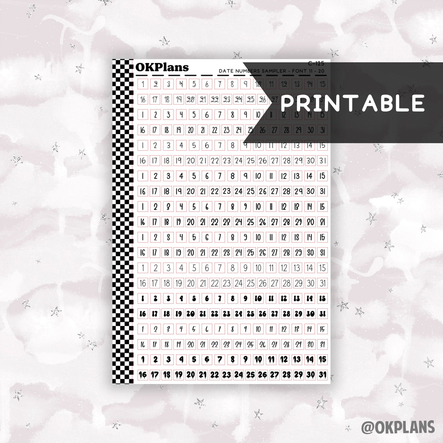 Date Numbers Sampler - Font 11-20 // Printable  // C-125 // Functional