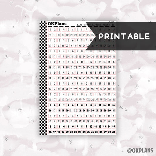 Date Numbers Sampler - Font 11-20 // Printable  // C-125 // Functional