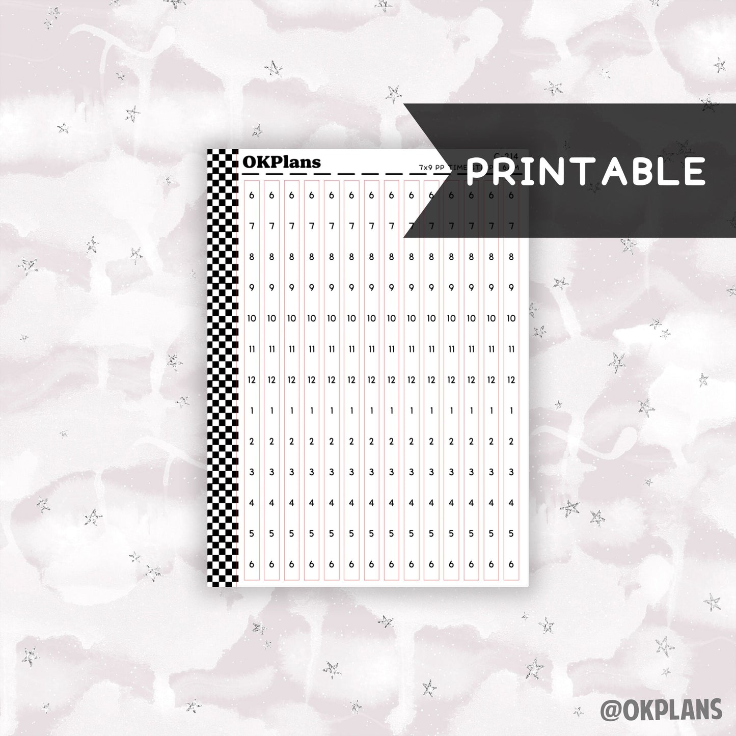 7x9 PP Hourly Time Strips - 6AM // Printable  // C-214 // Functional