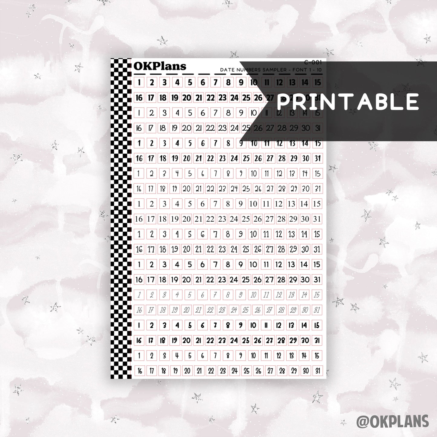 Date Numbers Sampler - Font 1-10 // Printable  // C-001 // Functional